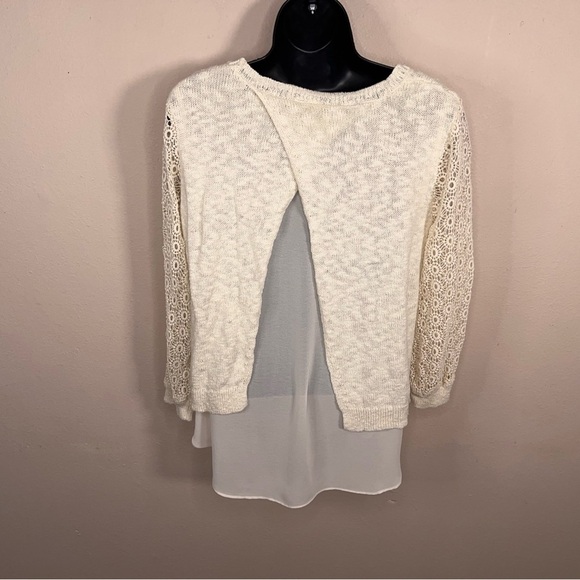 Medium Lucky Brand Ivory Cream Knit Chiffon Top Embroidered Lace  Pullover - Picture 6 of 13